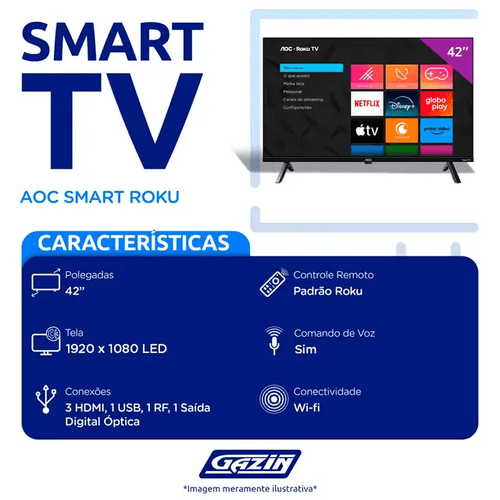 Smart TV LED 42" FHD Roku WiFi HDMI 42S5045/78G - AOC