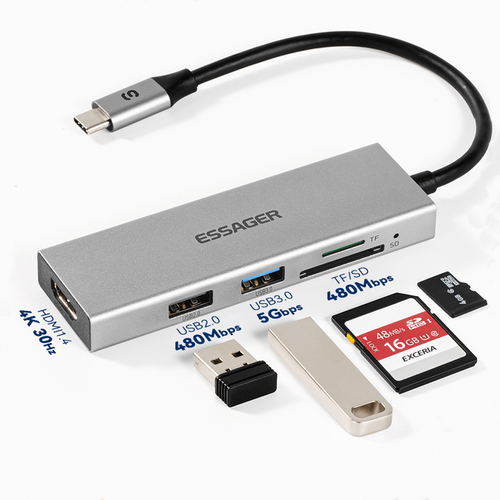 Adaptador USB-C para HDMI/USB2.0/USB3.0/SD/TF EHBC05-FH0G-P Cinza- Essager