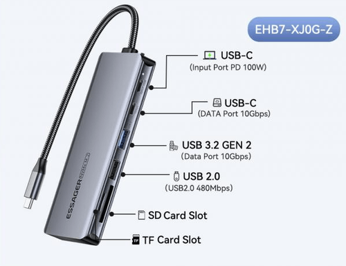 Adaptador USB-C para SSD NVMe M.2/TF Card/SD Card/2USB-C/USB-A 3.0/USB-A 2.0 EHB7-XJ0G-Z Cinza - Essager