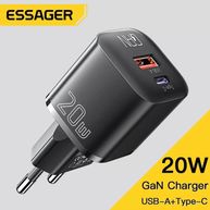 Carregador de Viagem Essager 20W GaN USB/USB-C ES-CD31 Preto